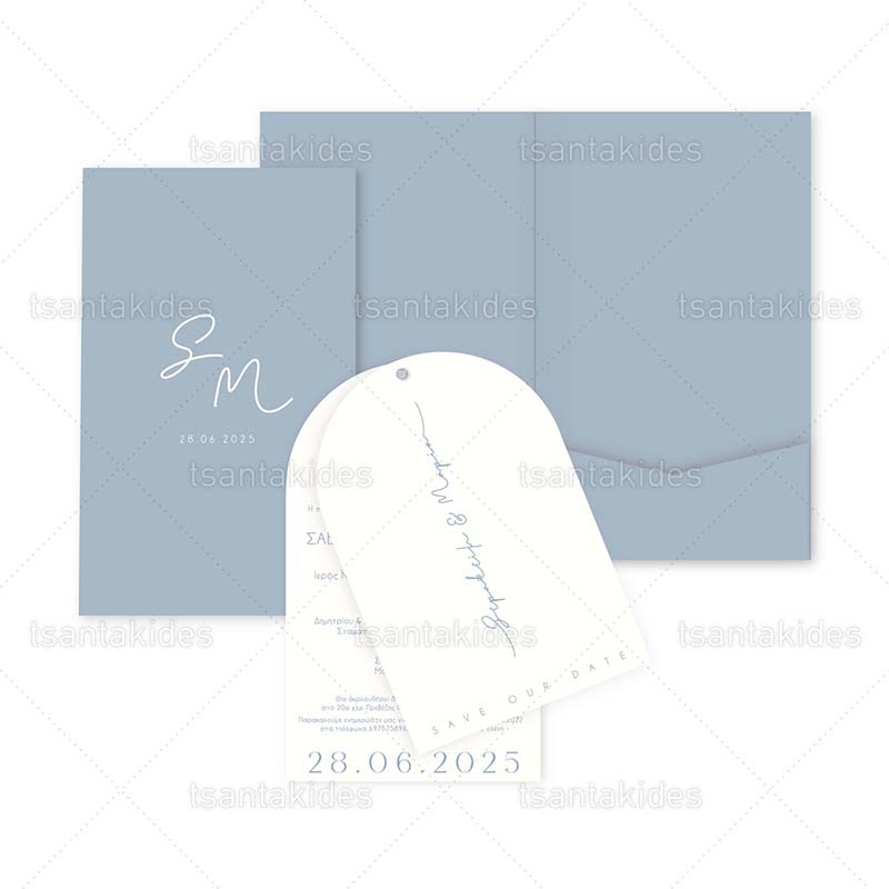 7854-02 Προσκλητήριο γάμου εκτυπωμένο με θέμα Dusty Blue