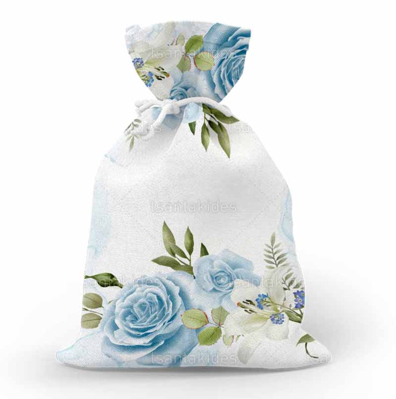 Υφασμάτινο πουγκί εκτυπωμένο με floral συνθέσεις σε γαλάζιο χρωματισμό