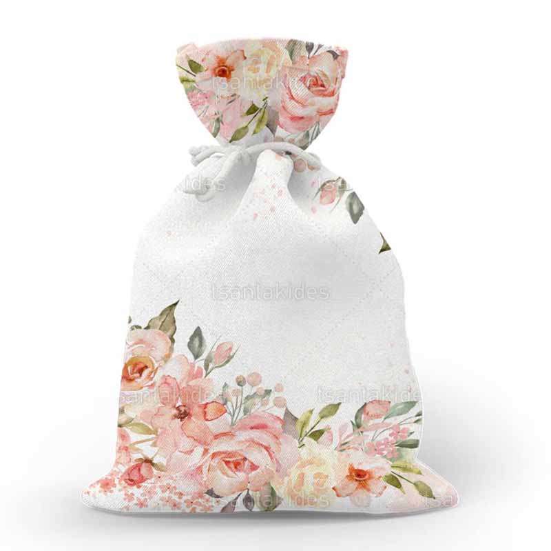 Υφασμάτινο πουγκί εκτυπωμένο με floral peach αποχρώσεις και χρυσό οβάλ στεφάνι