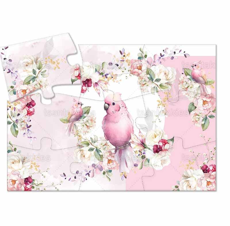 Παζλ με 9 κομμάτια εκτυπωμένο με θέμα Baby Pink floral parrot
