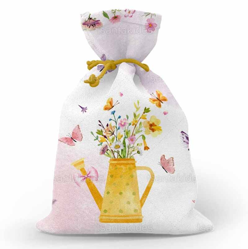 Υφασμάτινο πουγκί εκτυπωμένο με θέμα Watering Can and Wildflowers